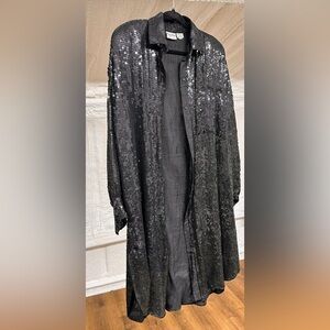Vintage black sequin collared shirt‎ dress, duster size Med